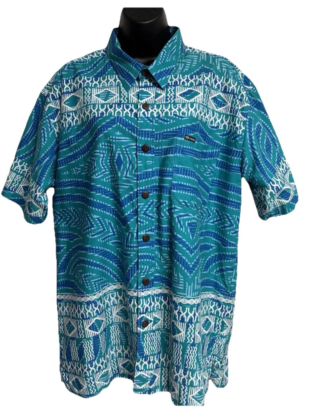 Tanoa Mens XL Blue Polynesian Tribal Hawaiian Aloha Shirt Geometric Cotton EUC